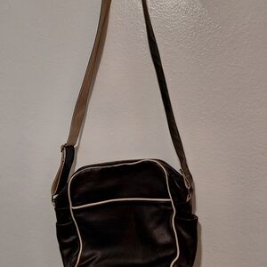 Dark Brown Crossbody Travel Bag with Contrast Piping